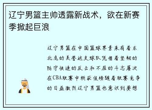 辽宁男篮主帅透露新战术，欲在新赛季掀起巨浪